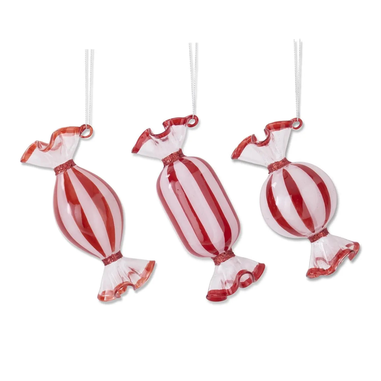 ASSORTED RED & WHITE GLASS CANDY ORNAMENTS
