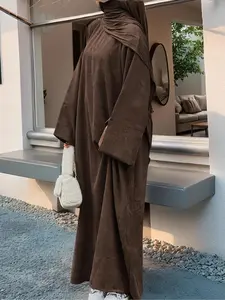Women's Solid Color Split Sleeve Corduroy Robe, Modest Long Sleeve Round Neck Robe for Fall & Winter, Women's Islamic Clothing for Daily WearGiftGift