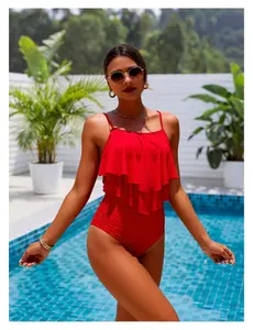 Red Ruffled Bikini Set for Women High Waist Two Piece Swimsuit - Adjustable Straps, Removable Padded Bra, Vintage Retro Bathing Suit for Beach Vacation