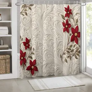 [Red Floral Print] 1pc Beige Base with Red Floral Print Shower Curtain with Hooks Polyester Fabric Retro Style Windows and Walls Bathtub Bathroom Home Decoration Shower Curtain All Season Universal