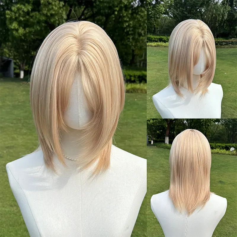 SMILCO 16 Inch Blonde Bob Wig, Shoulder Length Straight Synthetic Wig for Women, Natural Side Part Layered Wig with Face Framing Bangs, Soft Daily Party Cosplay Hairpiece SM618