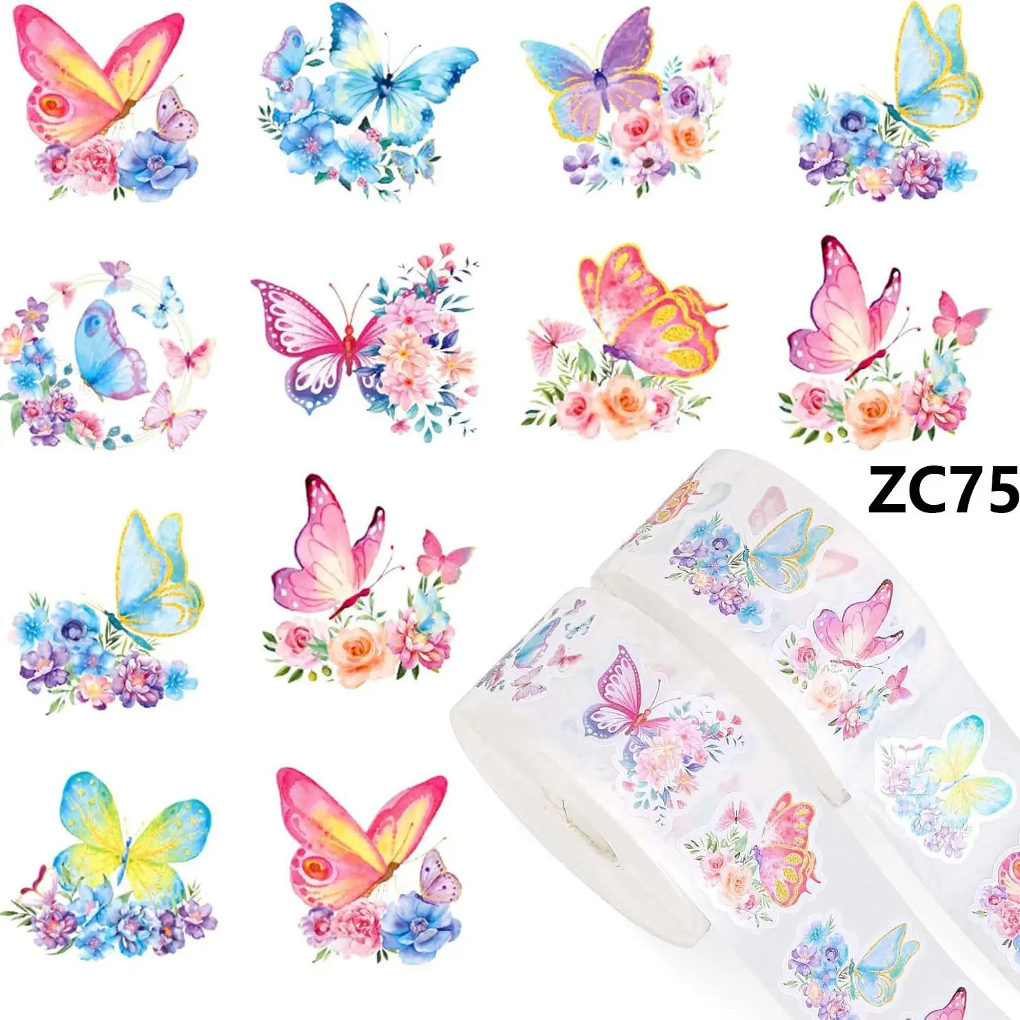500 PCS Butterfly Sticker Roll Spring Flower Paper Decal 9 Designs Watercolor Gift Decoration Hand Account Sticker Decorative Stickers