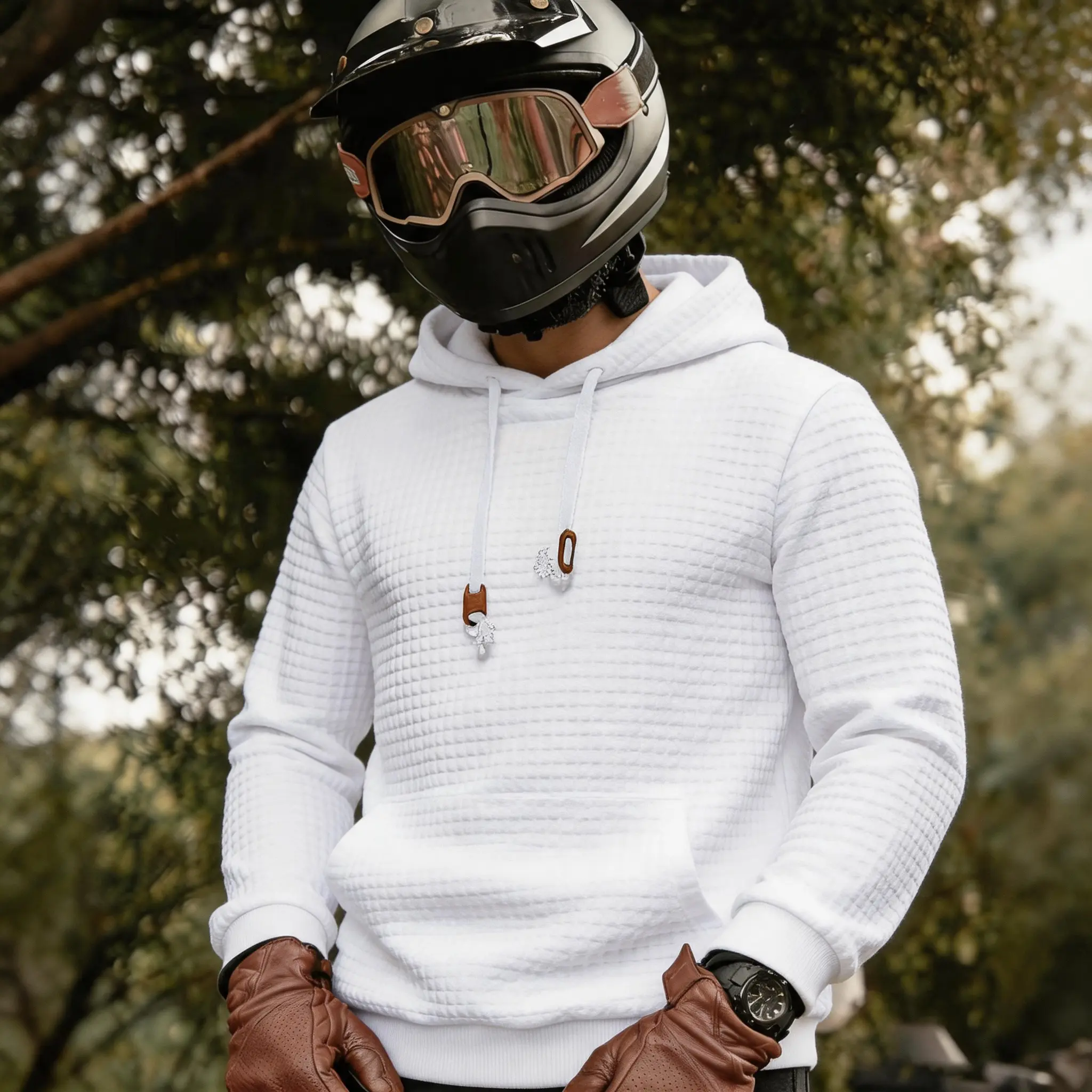 Men Waffle Textured Pullover Hoodie Solid Color Long Sleeve Drawstring Hooded Sweatshirt Casual Streetwear Top with Kangaroo Pocket