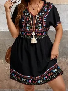 Fashion Bohemian Boho Ethnic Print Plus Size Dress, Women's Casual Floral Long Sleeve Maxi Dress, Summer Party Wear