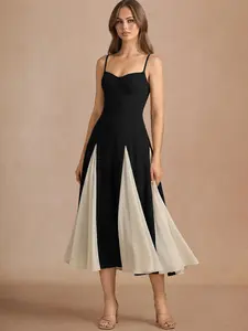 Azazie Jessenia Contrast Panel A-Line Midi Wedding Guest Cocktail Stretch Crepe Dress