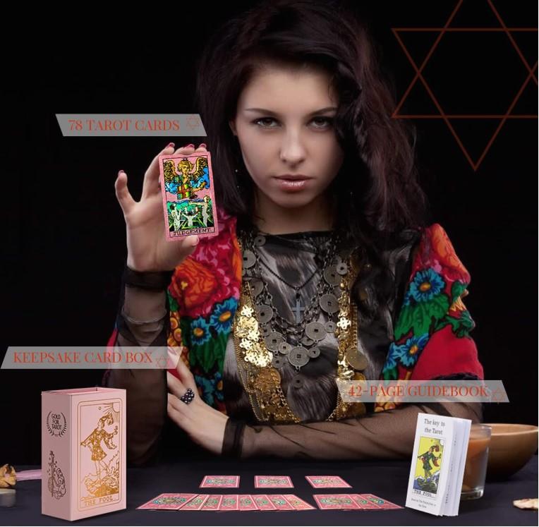 LYINGFISH Pink Tarot Cards for Beginners with Guide Book Gold Foil Meanings Waterproof Rider Waite Taro Deck Fortune Telling Game Classic Origina