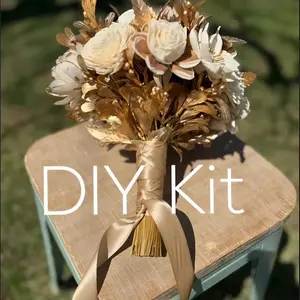 DIY Kit - Wood Flower Golden Bouquet Ivory Bark Wood Flowers with Golden Greenery for Creative Projects