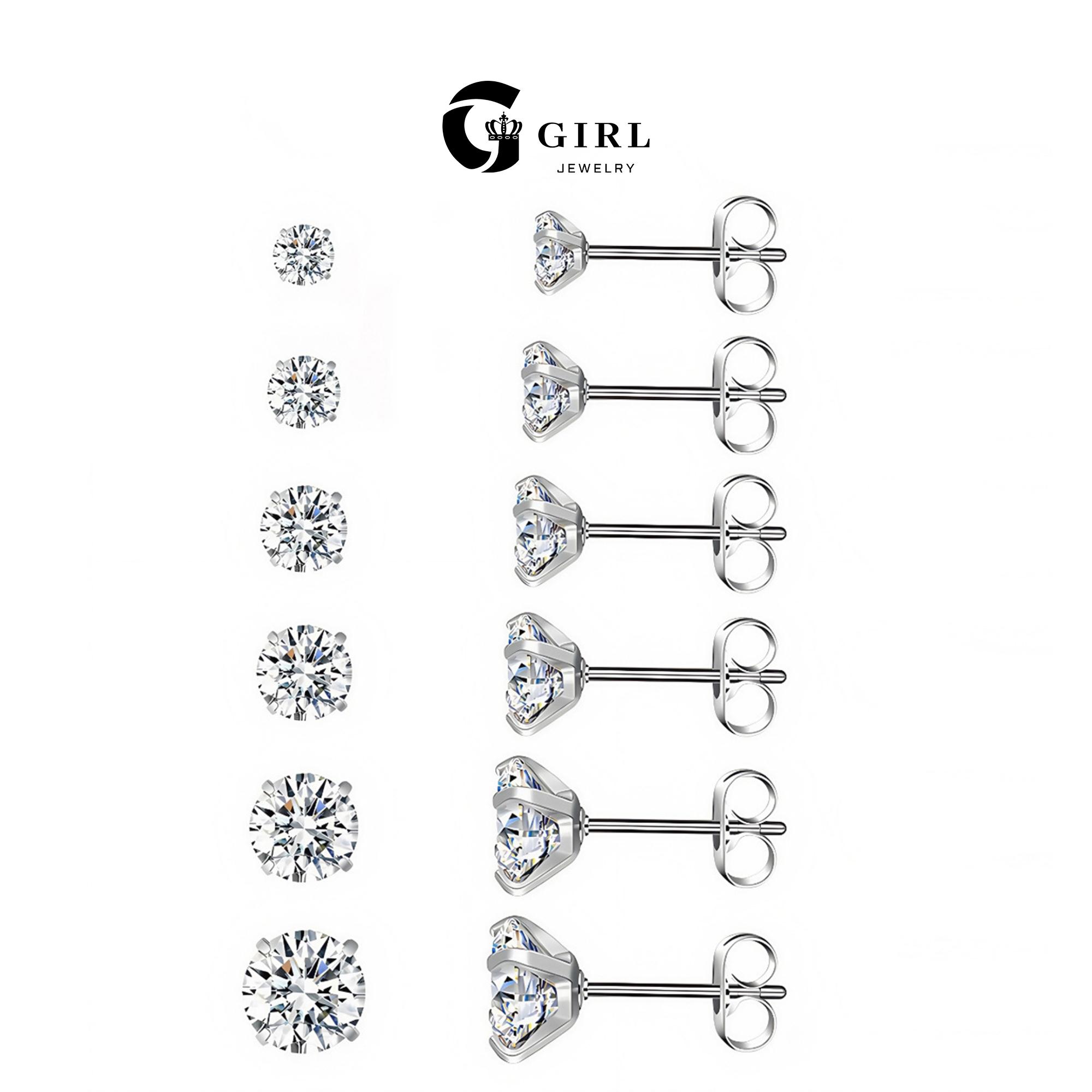 6 Pairs Stud Cubic Zirconia Earrings Set（ 3-8mm）, Stainless Steel Hypoallergenic Cubic Zirconia Earrings   Chic Gorgeous Jewelry As Gift for Girlfriend, Elegant Minimalist Earrings