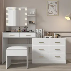 Large Makeup Vanity with Lights, Vanity Table with Charging Station, Vanity Desk with Mirror and 10 LED Light Bulbs, Makeup Table with Drawers and Storage Shelves, White vanity  without  let decofy  vanity vanity  set modern vanity desk