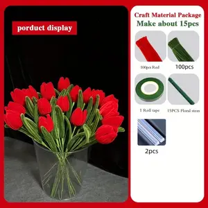 218pcs DIY Craft Kit, Tulip Lily Rose Flower Bouquet Materials, Chenille Sticks, 15 Floral Stems, Tape, Ideal for Holidays