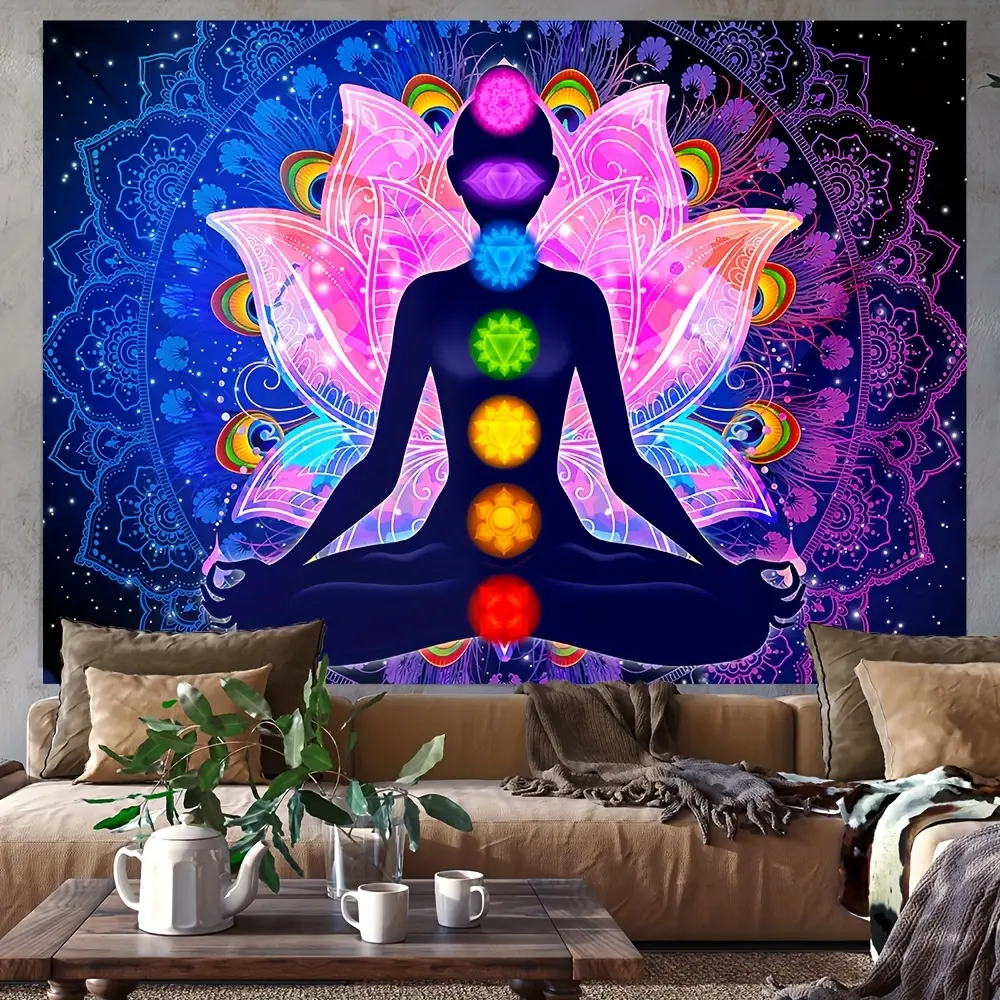 1 Piece Bohemian Mandala 7-Chakra Yoga Meditation Tapestry - Colorful Peach Skin Glossy Fluorescent Home Supplies, Indoor/Outdoor Decorative Wall Hanging, with Free Accessories, Indoors, Comes With Free Accessories