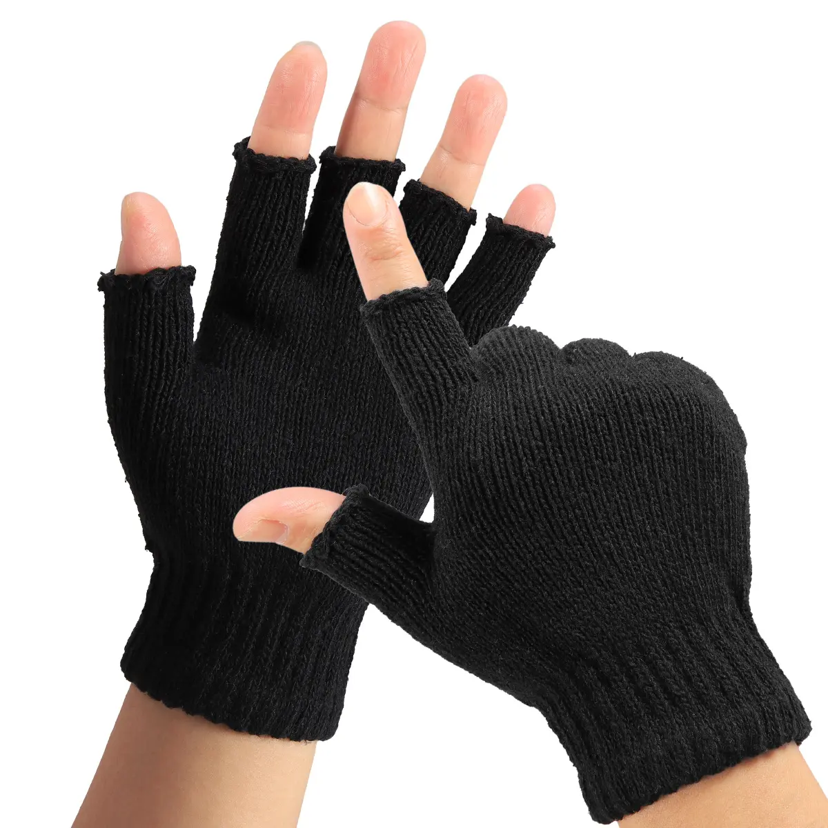 DAZONE Half-Finger Gloves for Women Men, Black Knit Thermal Mittens with Flex-Fit Stretch, Ideal for Typing & Phone Texting, Black Gloves