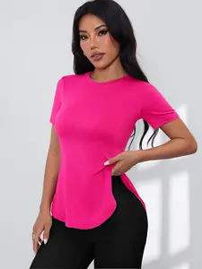 Women's High Stretch Solid Color T-Shirt, Short Sleeve Round Neck Top Fitness Running Tops for Outdoor, Training, Running and Everyday Wear