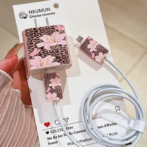 Leopard Print Lily Phone Charger Protector Set, 20w/18w Adapter, Data Cable Organizer, Compatible with Apple 11-17 Pro Max