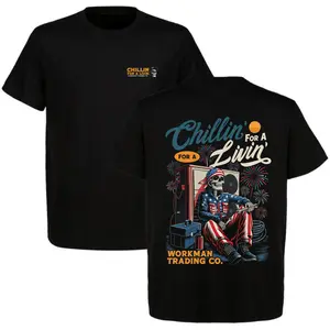 CHILLIN FOR A LIVIN Patriotic 4th July Skeleton HVAC T-Shirt American Fireworks Summer Tradesman Graphic Tee Blue Collar BlackEverydayOutfit, ClothesForYou