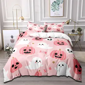 Halloween Themed Cartoon Ghost & Pumpkin Pattern Bedding Set, 1 Set Including 1 Duvet Cover & 1/2 Pillowcase without Filler, Soft Comfortable Bedding Set for Home Bedroom