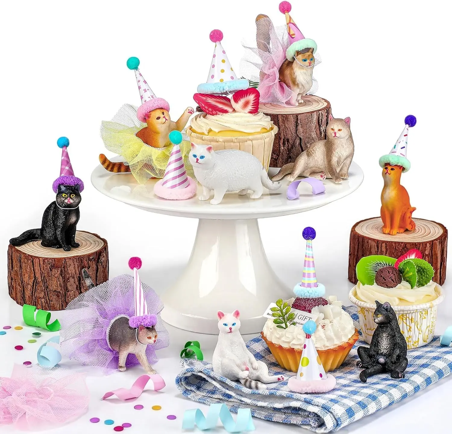 27 Pcs Cat Cake Topper Animals Figures Birthday Party Decorations with Mini Birthday Hat Pom Poms Cupcake Toppers with Mini Skirt for Themed Party