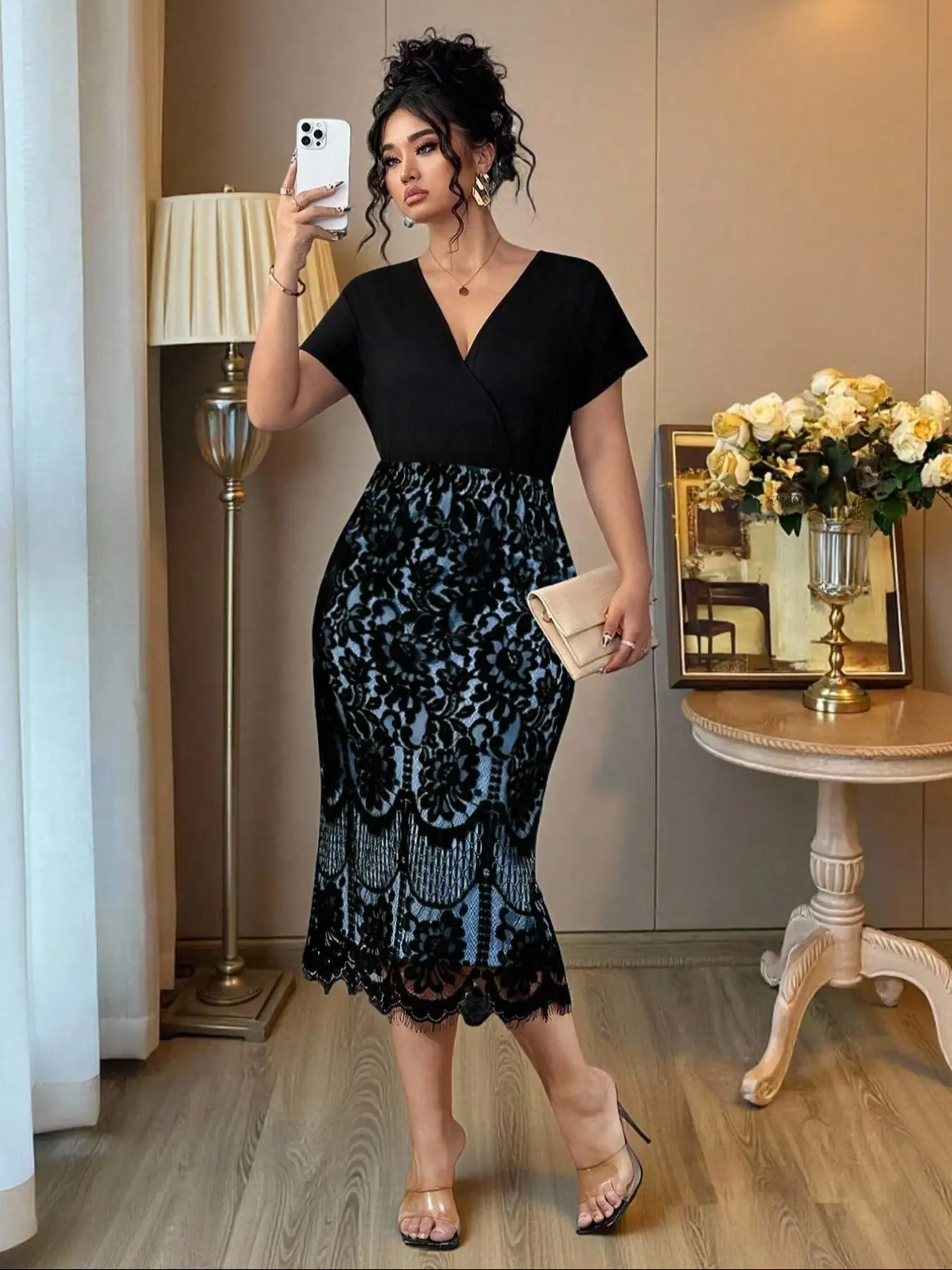 Plus Size Solid V Neck A Line Fitted Dress, Elegant Chic Bishop Sleeve Patchwork Dress for Party Holiday Wedding Guest, Women's Clothes for Spring & Fall Womenswear Lady - TikTok Shop Plus Size Solid V Neck A Line Fitted Dress, Elegant Chic Bishop Sleeve Patchwork Dress for Party Holiday Wedding Guest, Women's Clothes for Spring & Fall Womenswear Lady - TikTok Shop