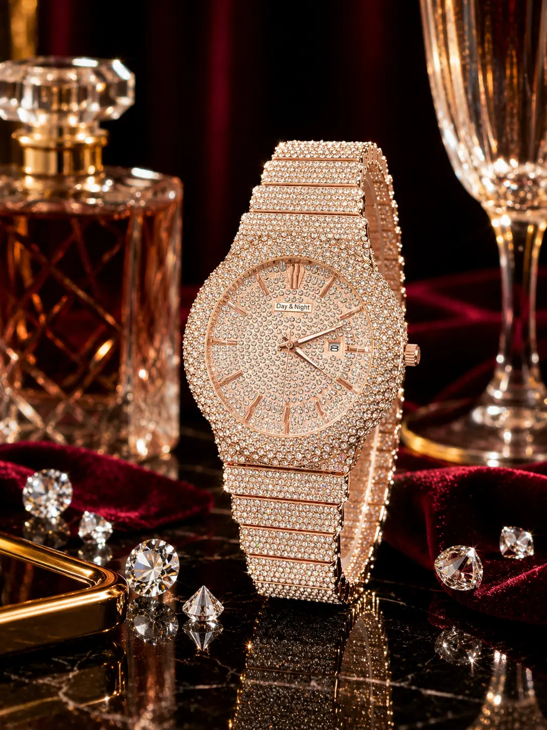 Women's 41mm Rose Gold Iced Out Diamond Watch Luxury Bling Quartz Wrist Watch Stainless Steel Waterproof Fashion Dress Watch Gift for Her