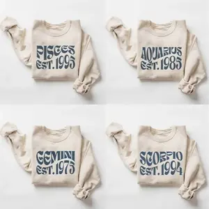 OneOfOne - Retro Zodiac EST. Year Sweatshirt - Sand, Minimalist Astrology Crewneck Pullover, Vintage Horoscope Sign Top, Unisex Birthday Gift for Her And Him, 90s Typography Style Outfit, Christmas Gift