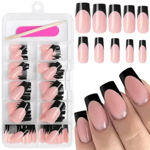 120PCS Medium Square Press on Nails Black French Tips Glossy Nude Artificial Nails with Adhesive Tabs Reusable Stick On Nails for Women and Girls nail square french fake nail