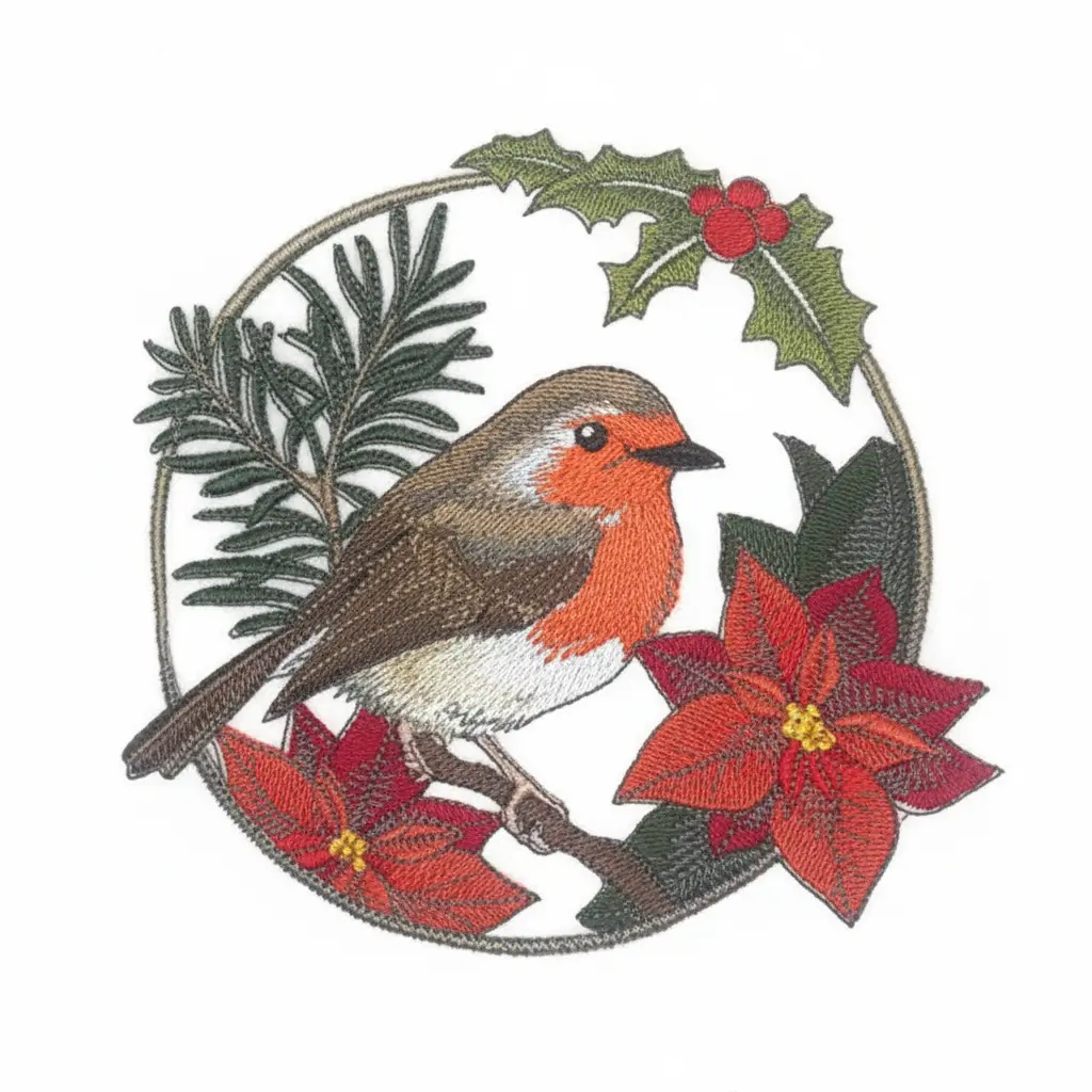 European Robin Christmas Blooms Embroidered Patch (5.9" x 6.27") – Festive Woodland Bird Iron-On or Sew-On Design, USA Made