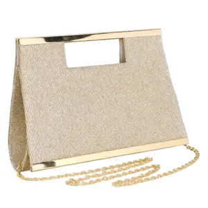 Fashionable Metallic Clasp Evening Clutch, Crossbody Purses Sparkling Gold Metallic Bar Design, Luxury & Elegant Formal Handbag for Gala, Party, Wedding, Includes Detachable Chain