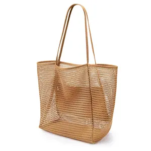 BeachNylon Mesh Tote Bag, Large Capacity Casual Tote Bag Women Foldable Shoulder Bag For Beach Picnic Vacation