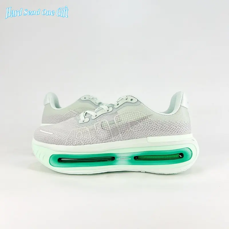 Air cushion running sneakers feature full-length transparent shock air midsole, crafted from sheer breathable woven knit mesh, pale off-white upper paired with fresh mint green cushion accents, ultra-light build,