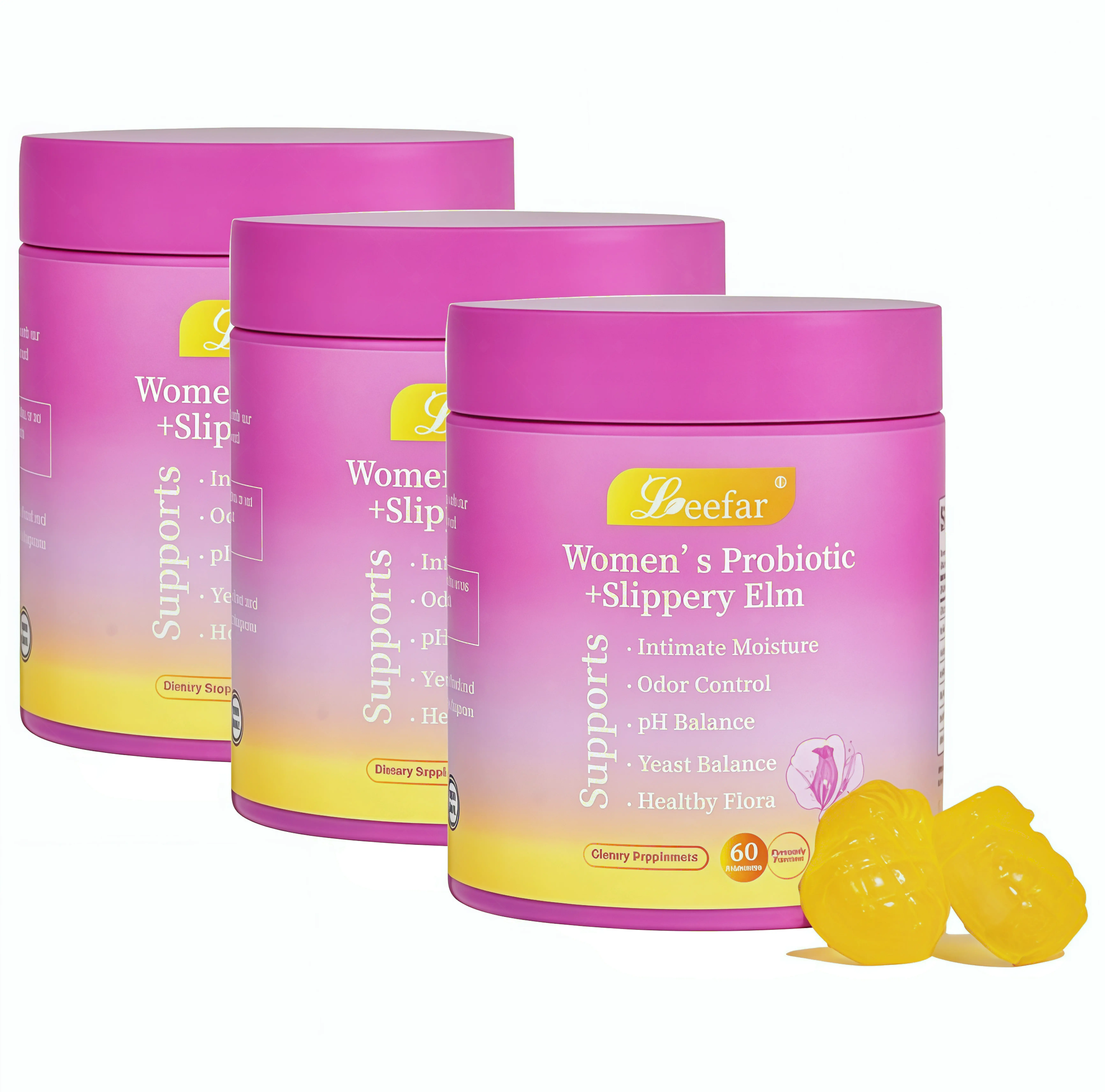 3 Piece LEEFAR Her Probiotics Gummies JH- All in One Solution with Slippery Elm and Prebiotics & Lactobacillus Probiotic Blend for Women's pH Balance and Dryness Hawaiian Pineapple Gummies Dietary Supplement