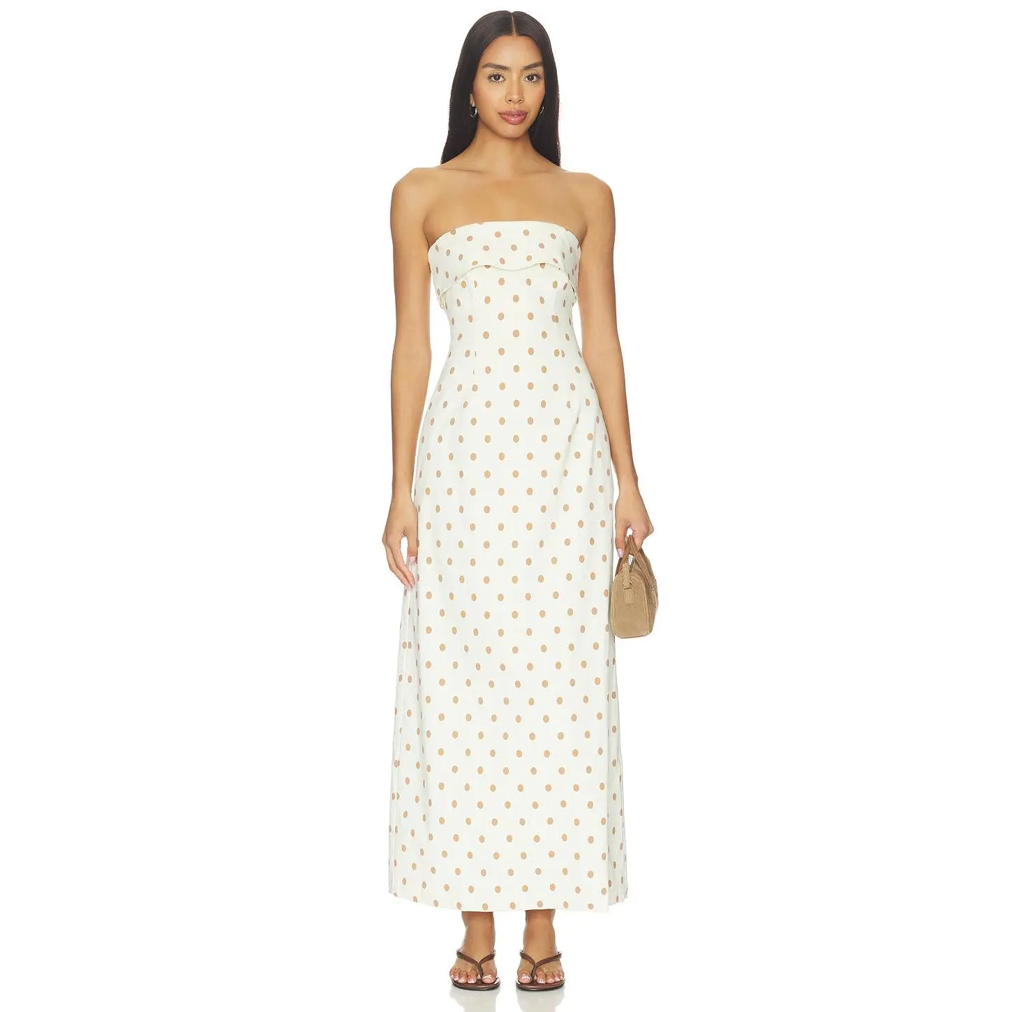 WeWoreWhat Strapless Fold Over Midi Dress in Ivory & Beige