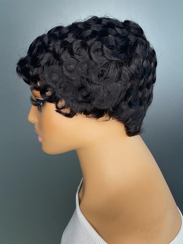 Human Hair Pixie Cut Wig, Short Curly Wavy Wig with Bangs, Natural, Rose Net Cap, Elegant Style for Women, Daily Use, Pixie Wigs Human Hair Pixie Cut Wig, Short Curly Wavy Wig with Bangs, Natural, Rose Net Cap, Elegant Style for Women, Daily Use, Pixie Wigs