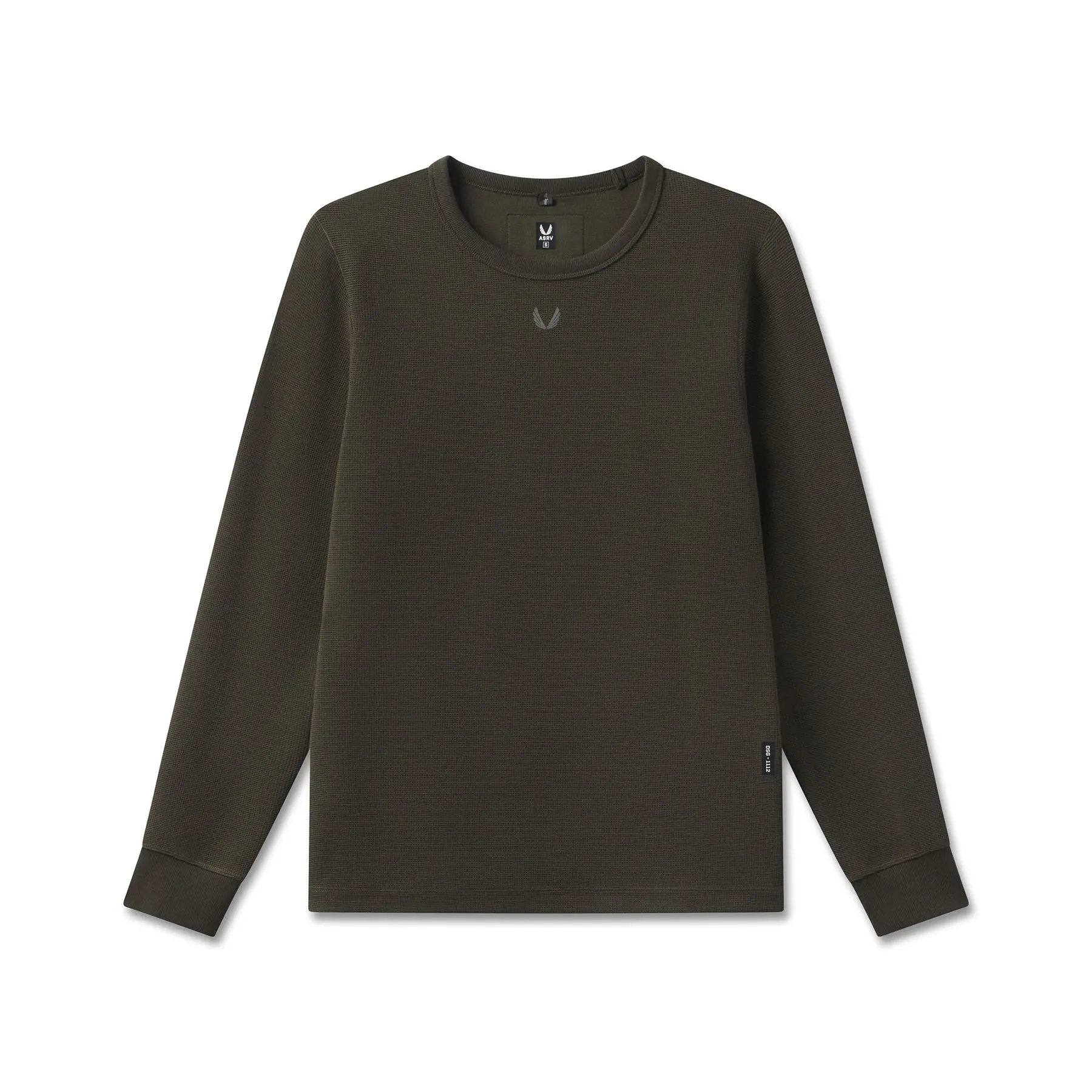 Men's Waffle Knit Long Sleeve Shirt - Relaxed Fit Casual Knitwear in Soft Stretch Fabric with Reflective Wings Logo, Olive, Ribbed, Tops, Woven, Basic