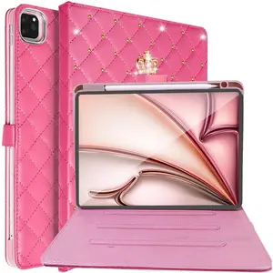 for iPad Air 11 Inch Case M3 2025/M2 2024,iPad Air 5th/4th Generation 10.9 Inch (2022/2020) with Pencil Holder,Girly Cute Crown  Elegant Auto Sleep/Wake Stand Protective Case,Hot Pink