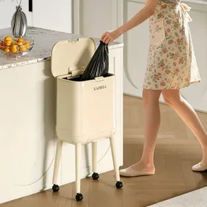 Tall Kitchen Trash Can with Lid & 360° Wheels, No-Bend Standing Waste Bin with Removable Inner Bucket & Built-In Drawer, For Under Counter, Small Kitchen, Apartment & Home Use