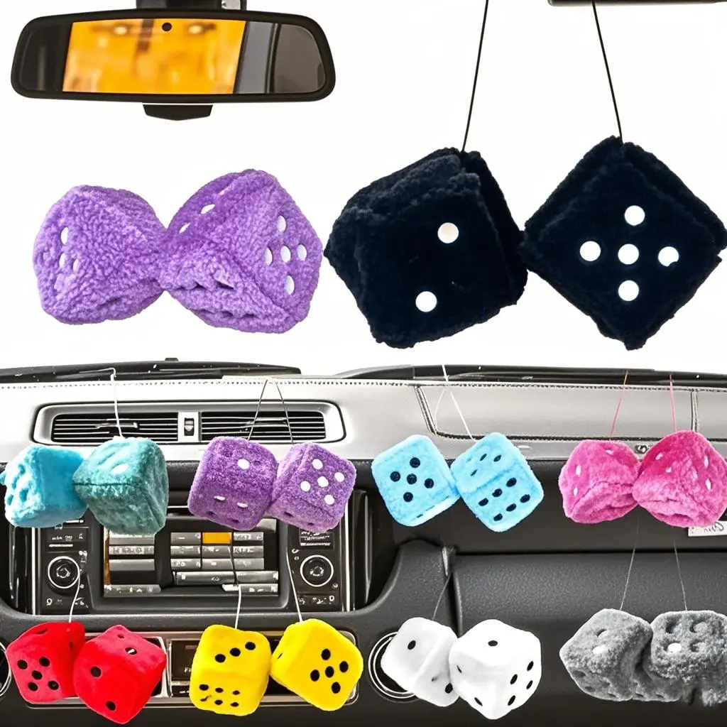 2026 New 7.5cm Soft Fuzzy Dice for Car Mirror Pair of Retro Square Fuzzy Plush Dice with Dots for Hanging Car Accessories Interior Fluffy