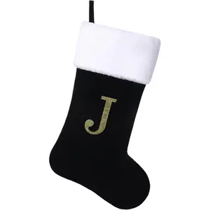 20 Inches Initial Monogram Christmas Stocking Personalized,Deluxe Black Velvet Body with Super Soft Plush Cuff Embroidered Letter,Holiday Season Decor（J）