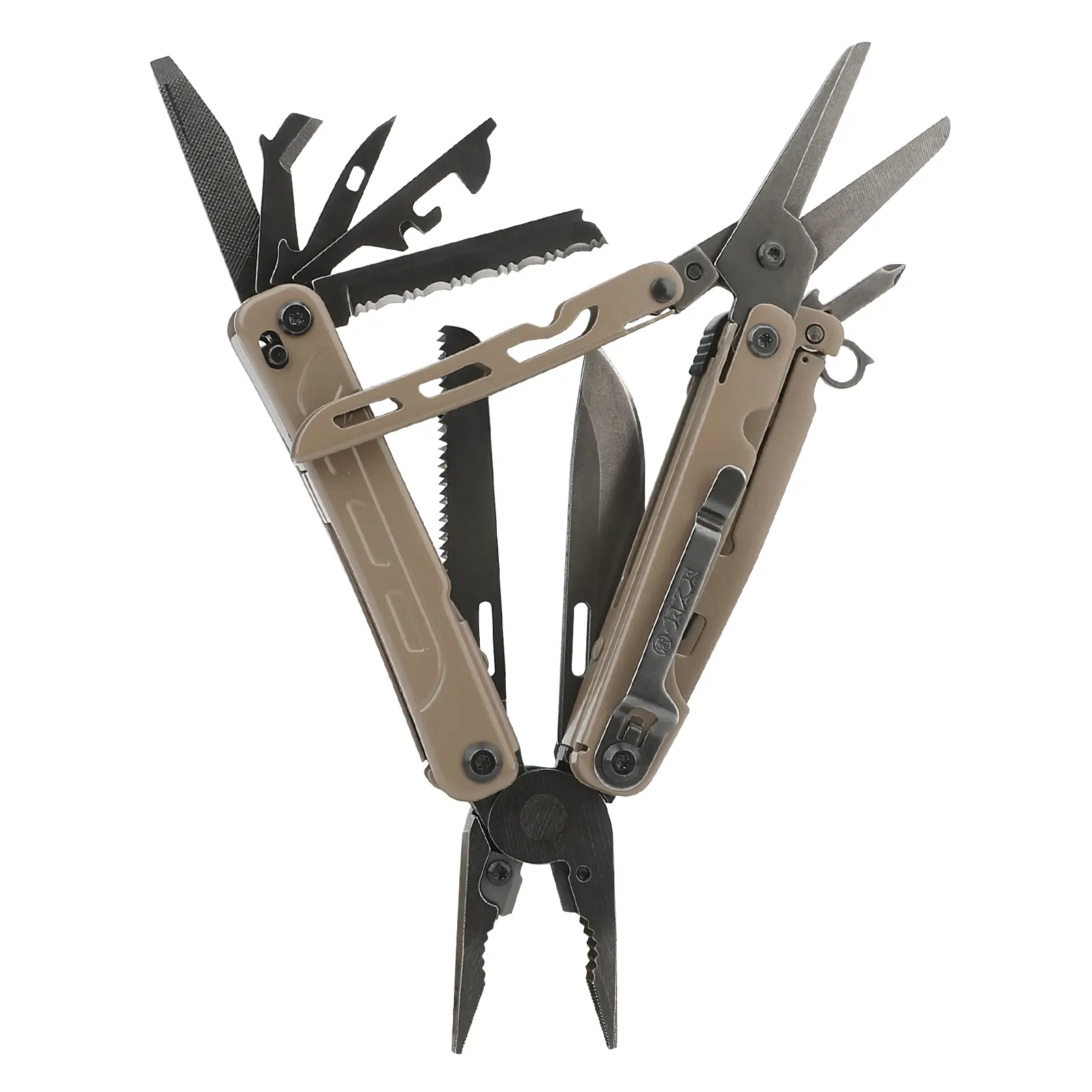 Wetactics MT-12 20-in-1 Stainless Steel Multitool with Needle Nose Pliers, Wire Cutters, Scissors, Saw, Screwdrivers, Ruler, File, Bottle Opener, Can Opener, Tungsten Steel Components for Home Repairs, Outdoor Camping, DIY Projects, Desert-Colored