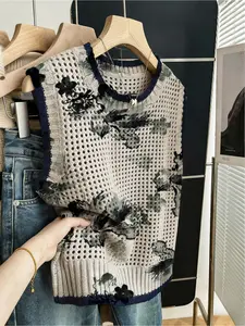 Spring/Summer Bohemian Style Casual Loose Round Neck Sleeveless Hollow Khaki, Floral Print, Women's Knitted Top, Summer Outdoor Top, Vest Cover-up, Womenswear