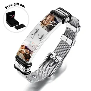 Custom Stainless Steel DIY Love Bracelet Collection with Two Photo and Engraved Words Best Gifts for Couples