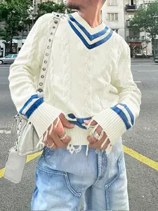 Men's Casual Loose Fit V-Neck Sweater Knitwear, Ripped Design, Long Sleeve, Plain Color, Spring Fall Winter, Korean Style, Commuter Wear