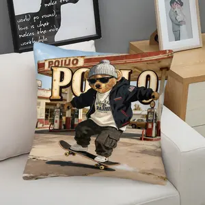 Luxurious Polo Bear Plush Cushion, Cute Teddy Print Sofa Cuddle Pillow, Durable Non-Fading Fabric, Soft Skin-Friendly Material, Bedroom Living Room Decor