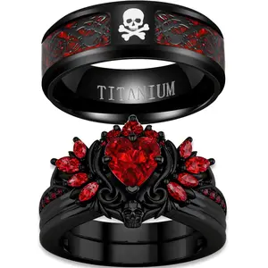 Lvrong Couple Rings Matching Rings Black Wings Skull Ring 1.5ct Heart Red CZ Womens Wedding Ring Sets Punk Ring