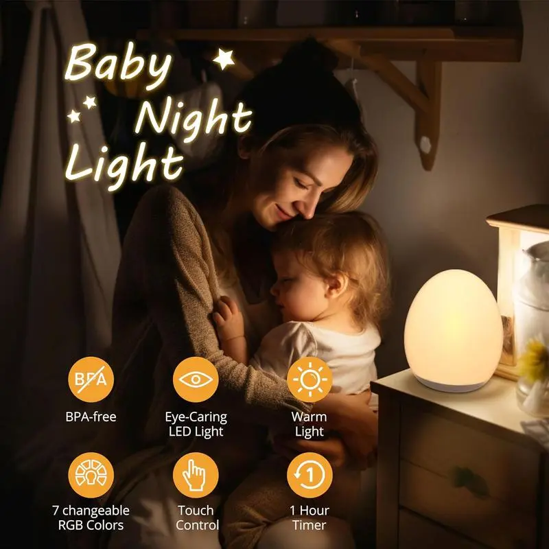 Baby Night Light for Kids Egg Light for Nursery with 7 RGB Colors Changeable Stepless Dimming Rechargeable Tap Light with 1h Timer Touch Control BPA Free Safe Material