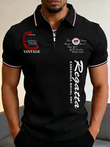 Men's vintage casual Regatta printed polo shirt, short-sleeve with a half-zip, casual and breathable, with contrast trim, suitable for everyday casual and outdoor wear