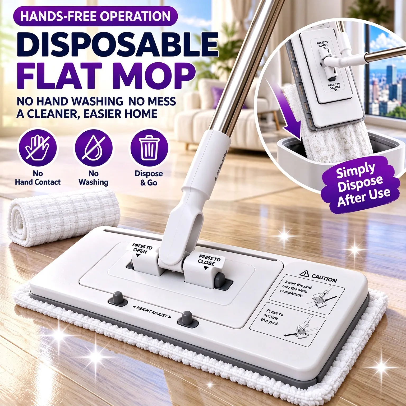 Whole House Dry-Wet Cleaning Mop, Plastic & Metal Retractable Hands-Free Automatic Clamp Mop with Replaceable Pads for Kitchen, Hardwood, Tile Floors