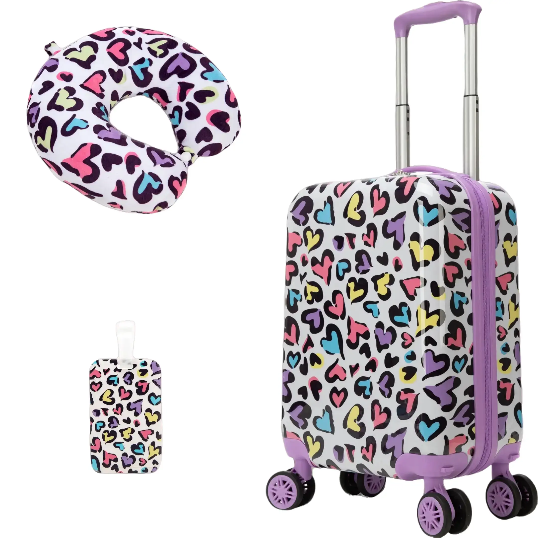 Girls' 3-Pcs ABS Carryon Luggage Set with Wheels - Compact Midsize Spinner, Matching Neck Pillow & Tag, Cute Purple Leopard Attachment Set, Portable Gift for Teens (Holiday/Birthday), Carryon Luggage With Wheels, Animal Print, Travel Gear, 360° Rotation C