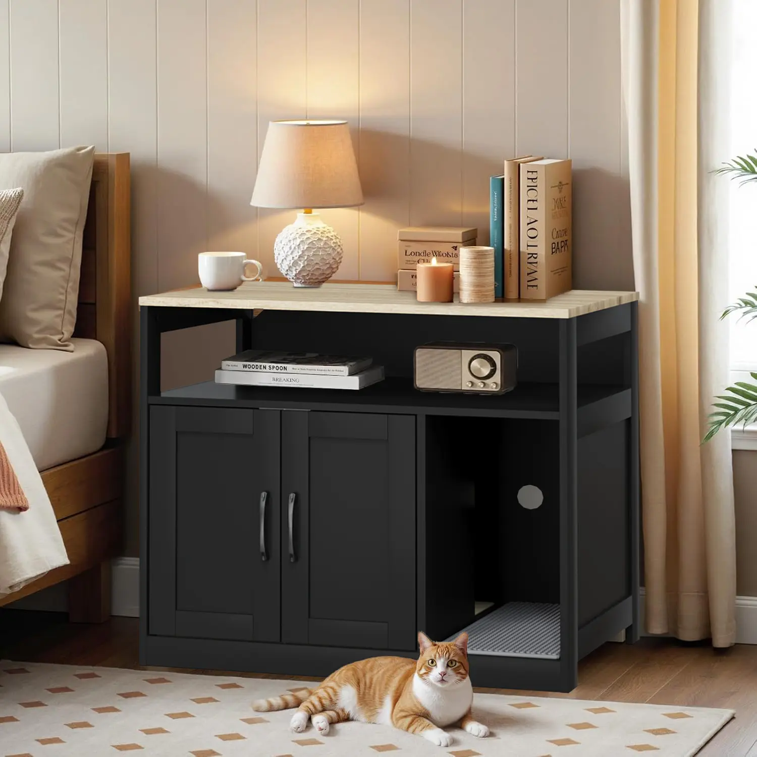 Cat Litter Box Furniture with Removable Divider, Litter Box Enclosure,Large Hidden Litter Box Furniture, Wooden Cat House, End Side Table Litterbox Clean