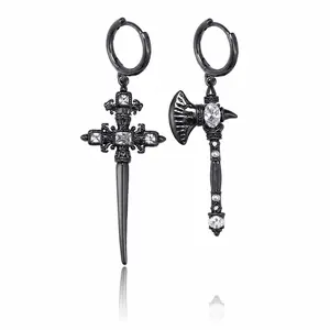 925 Sterling Silver Needle Cross Dangle Earrings for Women Men, Black Asymmetric Axe Cross White Rhinestone Gothic Earrings, Punk Y2K Hip Hop Streetwear Jewelry Gift