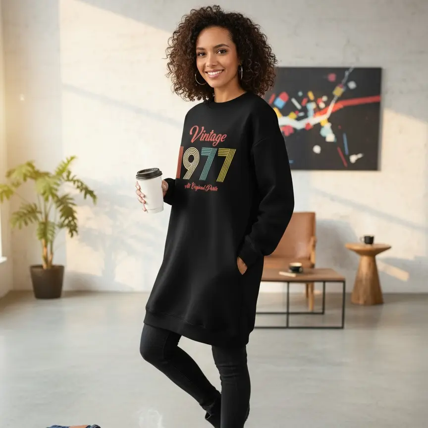 Plus Size Vintage 1977 Graphic Print Sweatshirt Dress - Black Relaxed Fit Long Sleeve Round Neck Casual Lounge Dress for Women, Cozy Fall Winter Machine Washable, Winter Comfort Clothing, Smooth Texture Fabric Athletic Loose Soft Womenswear